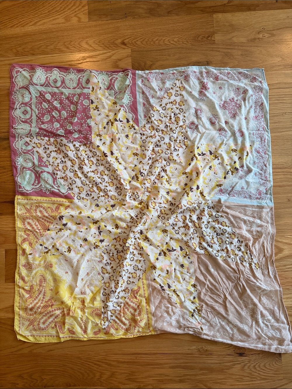 Vintage Lightweight Floral Patchwork Scarf - Pink, Yellow, Cream